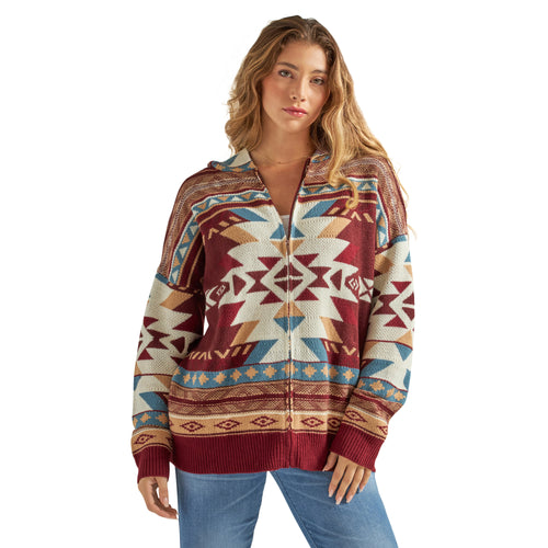 Pard's Western Shop Women's Wrangler Retro Burgundy Multi Aztec Print Full Zip Hooded Sweater