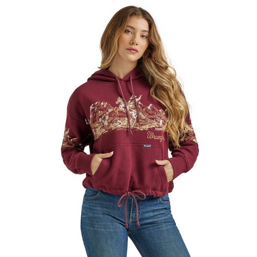 Pard's Western Shop Wrangler Women's Burgundy Pullover Crop Hoodie with Cowboy Panorama Graphics