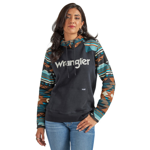 Pard's Western Shop Wrangler Women's Black Pullover Hoodie with Teal Aztec Print Sleeves
