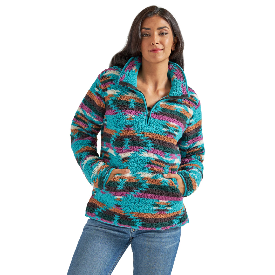 Pard's Western Shop Wrangler Women's Heavyweight Teal Multi Aztec Print 1/4 Zip Sherpa Pullover