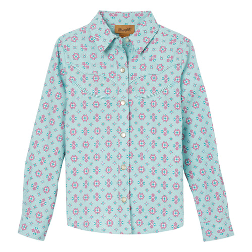 Pard's Western Shop Wrangler Turquoise/Pink Aztec Print Western Snap Blouse for Girls