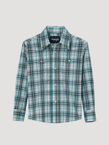 Pard's Western Shop Wrangler Wrinkle Resist Turquoise/White/Black Plaid Western Snap Shirt for Boys