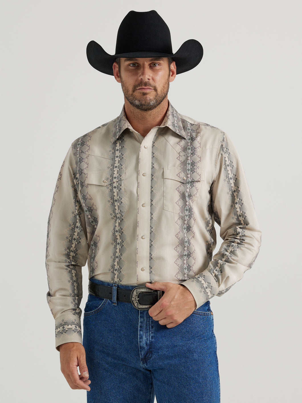 Pard's Western Shop Wrangler Men's Tan Checotah Vertical Aztec Stripe Western Snap Shirt