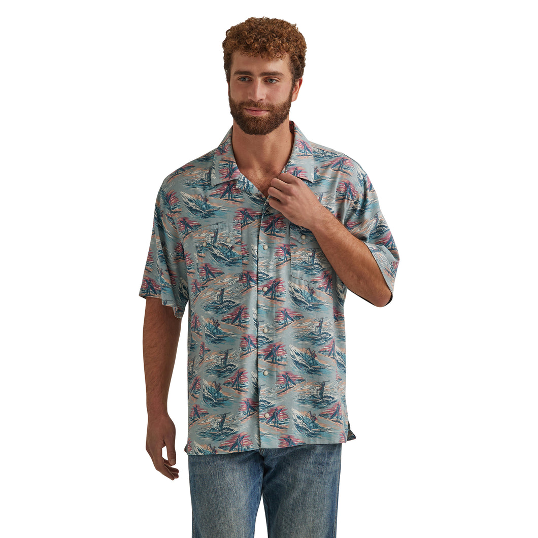 Pard's Western Shop Wrangler Coconut Cowboy Blue Surfing Cowboy Print Short Sleeve Snap Camp Shirt