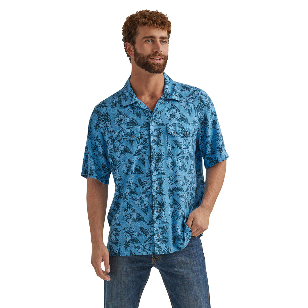 Pard's Western Shop Wrangler Coconut Cowboy Blue Tropics Print Short Sleeve Snap Camp shirt