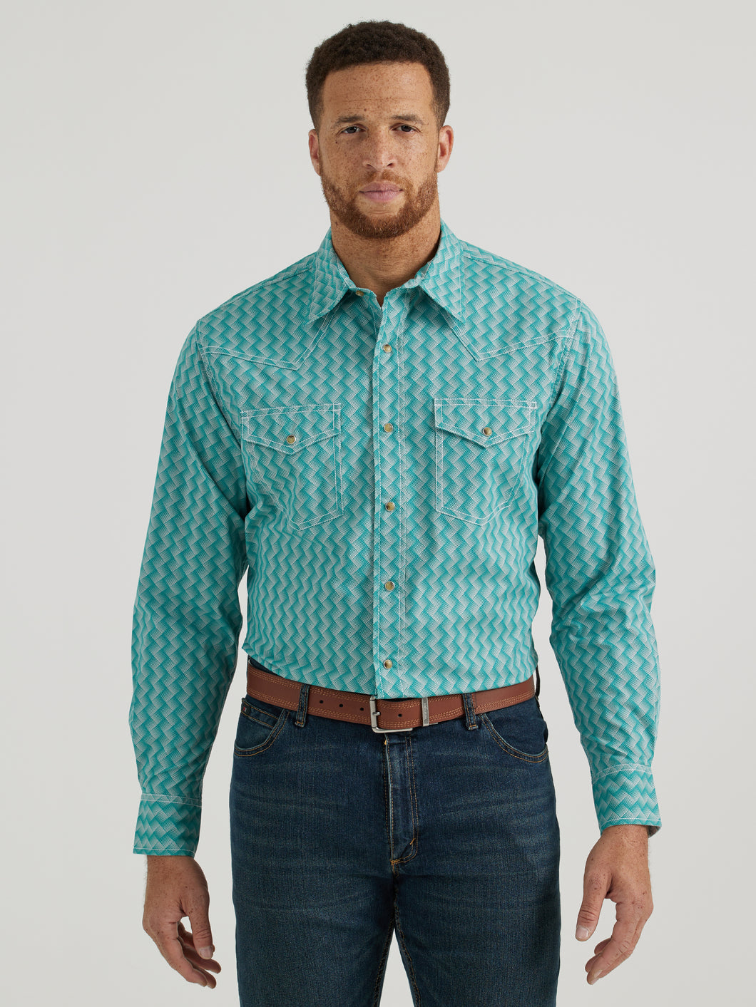 Pard's Western Shop Men's Wrangler 20X Competition Advanced Comfort Green/White Weave Print Western Snap Shirt
