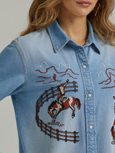 Wrangler Retro Women's Light Wash Denim Blue Blouse with Embroidered Cowboys