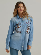 Pard's Western Shop Wrangler Women's Light Wash Denim Blue Blouse with Embroidered Cowboys