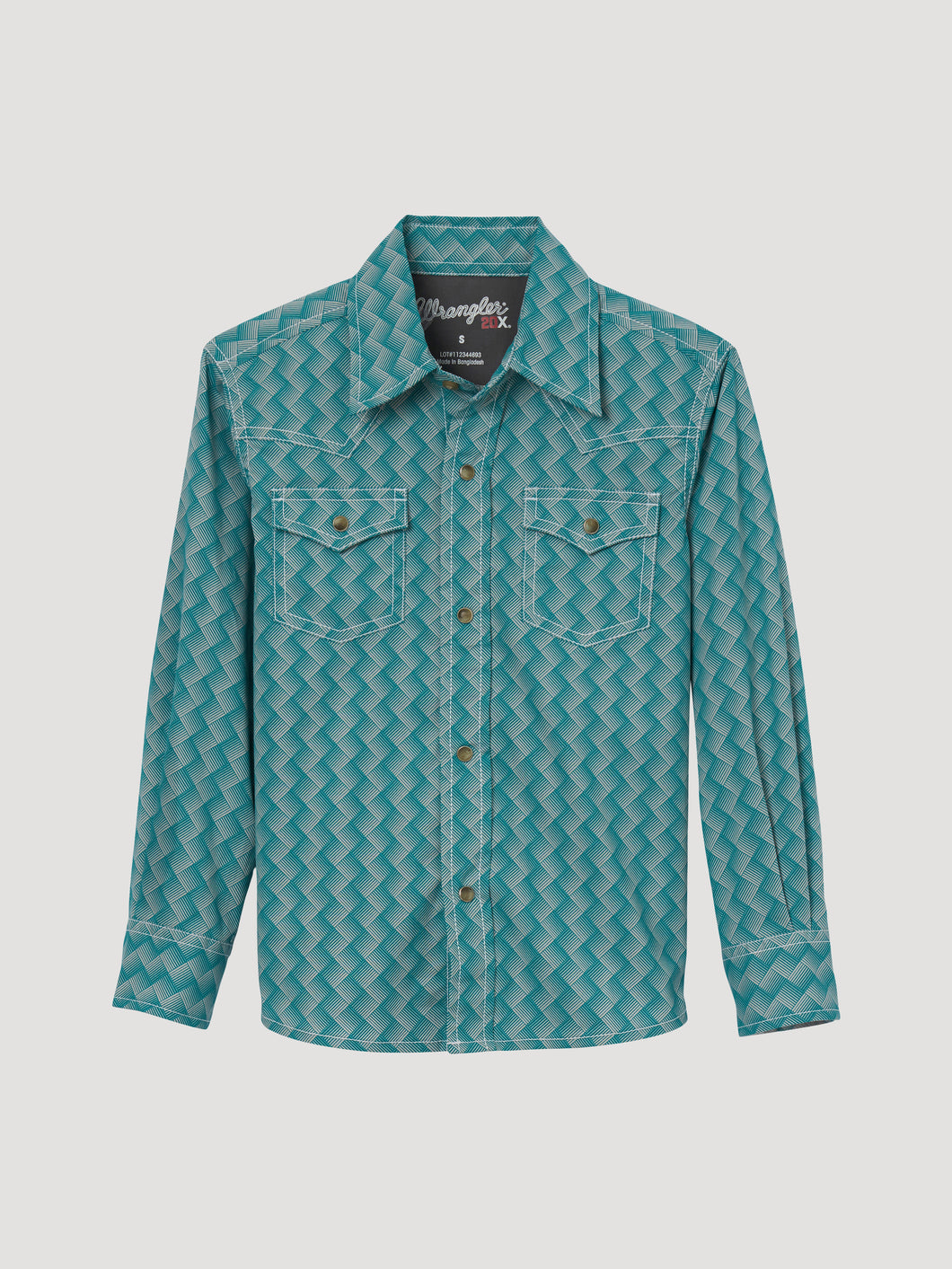 Pard's Western Shop Boy's Wrangler 20X Competition Advanced Comfort Green/White Weave Print Western Snap Shirt