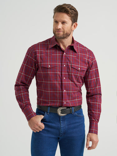 Pard's Western Shop Wrangler Men's Burgundy Plaid Wrinkle Resist Snap Western Shirt