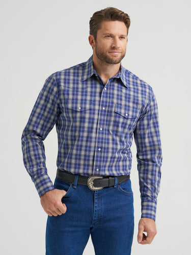 Pard's Western Shop Wrangler Men's Blue/White Plaid Wrinkle Resist Snap Western Shirt