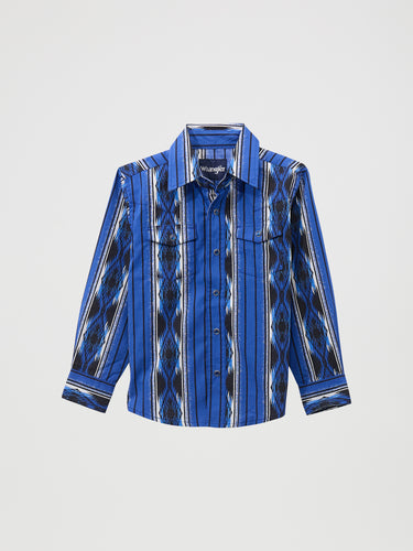 Pard's Western Shop Wrangler Boy's Checotah Bold Blue Veritcal Aztec Print Western Snap Shirt