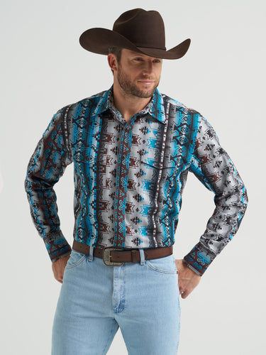Pard's Western Shop Wrangler Men's Checotah Turquoise/Burgundy/Grey Aztec Print Western Snap Shirt