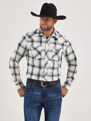 Pard's Western Shop Wrangler Retro Men's White/Black Plaid Western Snap Shirt