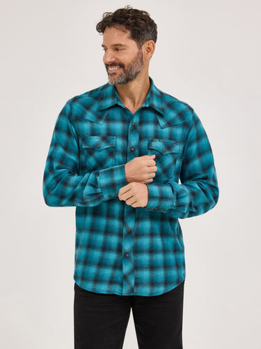 Pard's Western Shop Wrangler Retro Teal Plaid Flannel Snap Western Shirt for Men