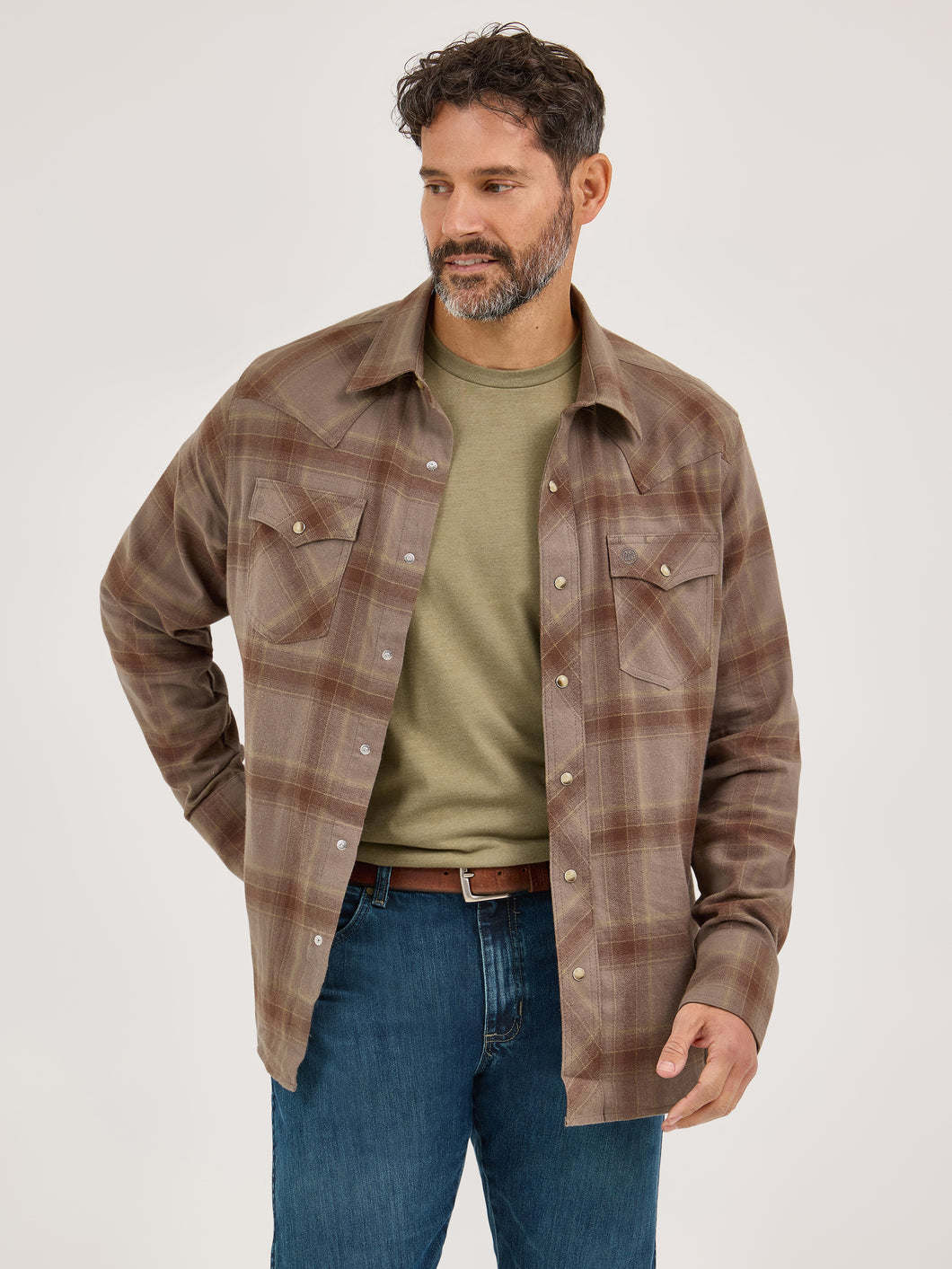 brown checkered dress shirt Wrangler Men's Wrinkle Resist Long Sleeve Shirt Brown, M