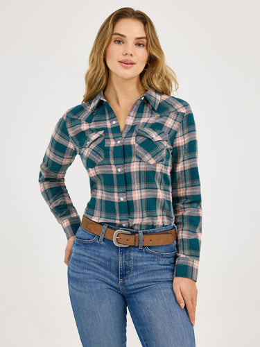 Pard's Western Shop Wrangler Women's Pink/Teal Plaid Flannel Snap Western Blouse