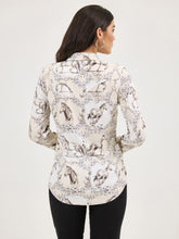Wrangler Women's Cream Saddle Up Horse Print Western Snap Retro Blouse