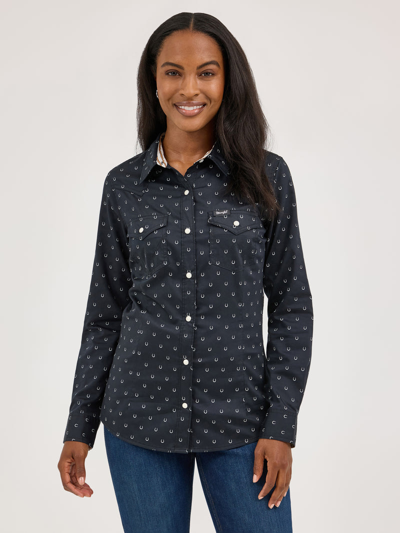 Wrangler Women's Black Horseshoe Print Snap Western Blouse