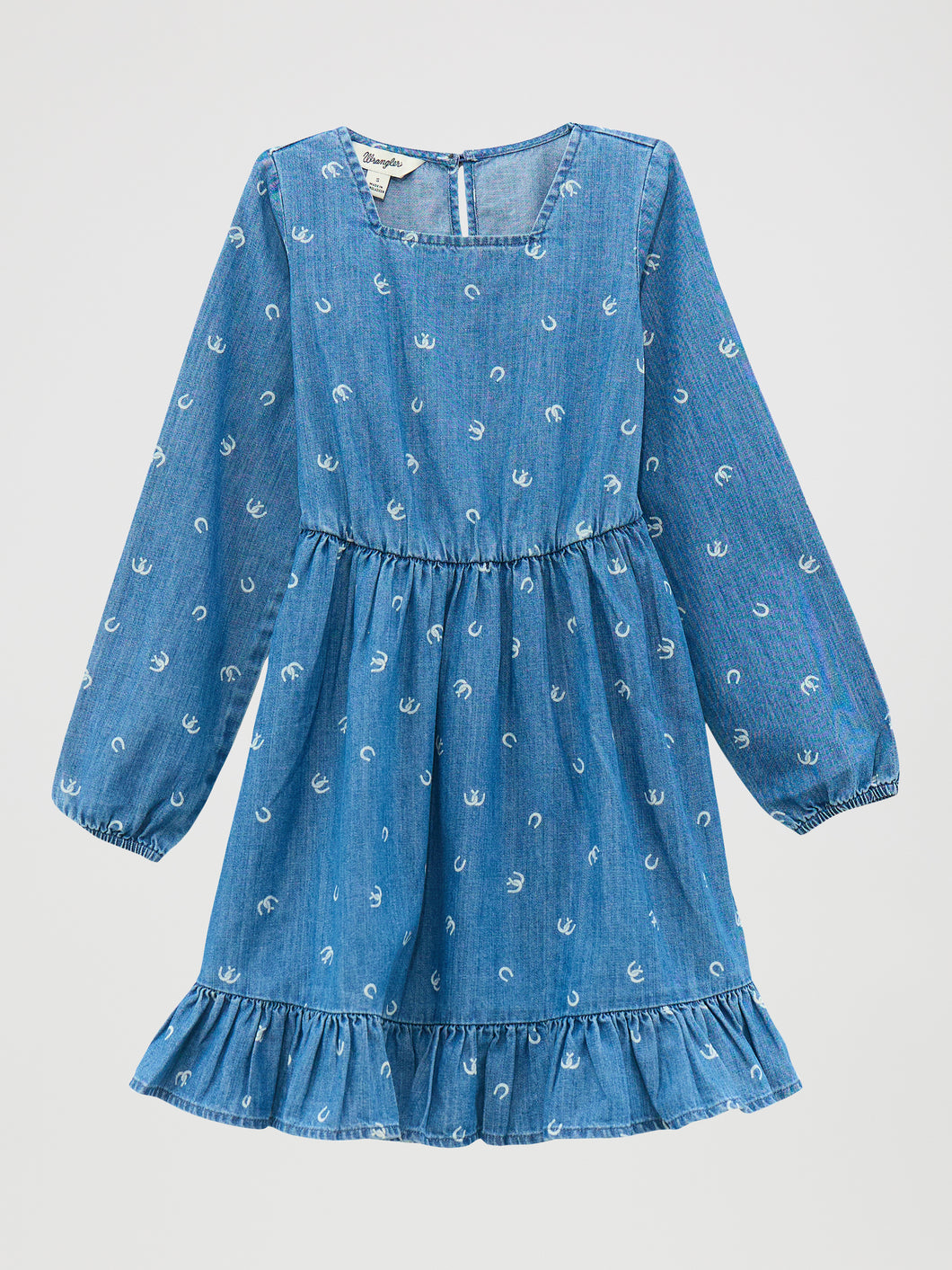 Wrangler Girl's Horseshoe Print Denim Ruffle Hem Dress Wrangler Girl's Horseshoe Print Denim Ruffle Hem Dress