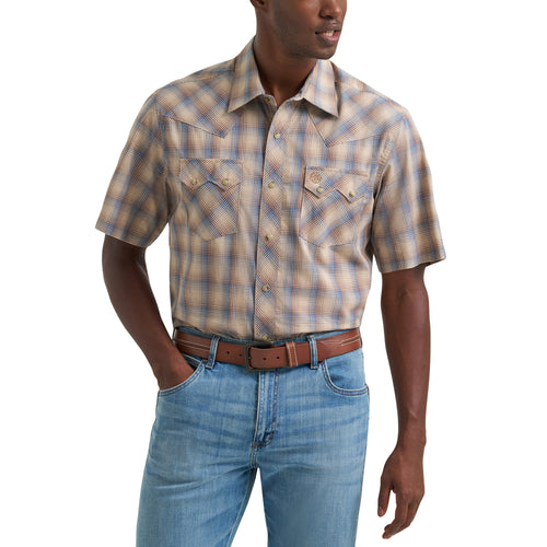 Pard's Western Shop Wrangler Men's Tan/Blue Plaid Retro Short Sleeve Western Snap Shirt
