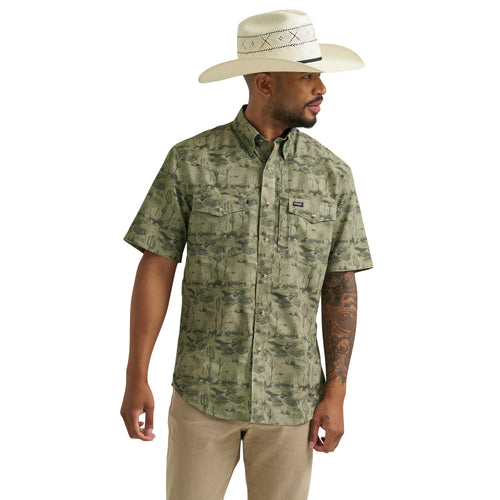 Pard's Western Shop Wrangler Men's Olive Southwest Buffalo Print Short Sleeve Western Performance Snap Shirt