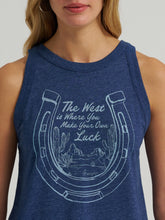 Wrangler Women's "The West is Where You Make Your Own Luck" Blue Retro Graphic Tank