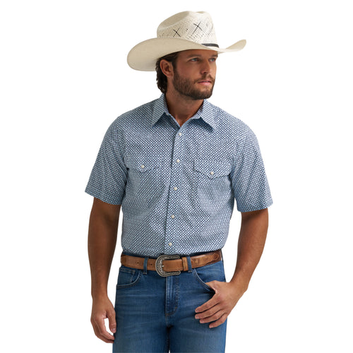 Pard's Western Shop Wrangler Men's Blue Geometric Print 20X Competition Advanced Comfort Short Sleeve Western Snap Shirt