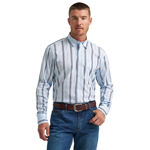 Pard's Western Shop Wrangler Cody Johnson Collection Blue/Navy Stripe Button-Down Shirt for Men