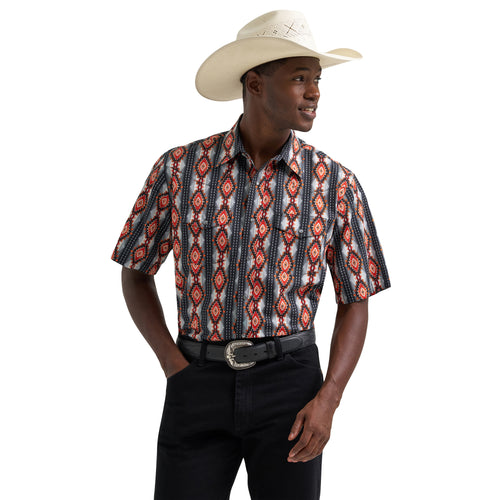Pard's Western Shop Wrangler Men's Checotah Red/Black Aztec Print Short Sleeve Western Snap Shirt