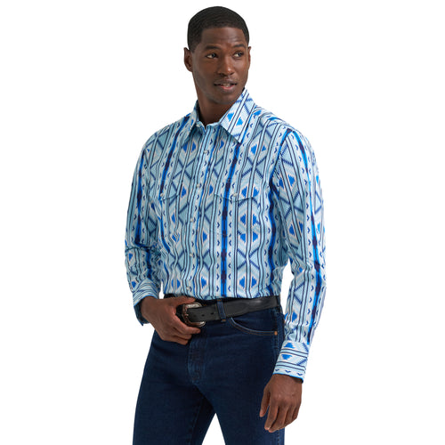 Pard's Western Shop Wrangler Men's Checotah Blue Aztec Print Western Snap Shirt