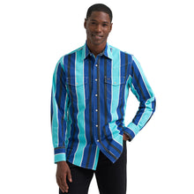 Wrangler Men's Blue/Turquoise Stripe Vintage-Inspired Brushpopper Western Snap Shirt