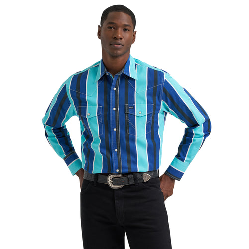 Pard's Western Shop Wrangler Men's Blue/Turquoise Stripe Vintage-Inspired Brushpopper Western Snap Shirt