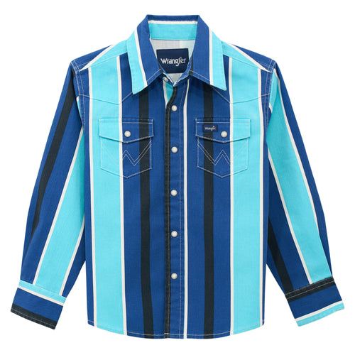 Pard's Western Shop Wrangler Boys Blue/Turquoise Stripe Vintage-Inspired Brushpopper Western Snap Shirt