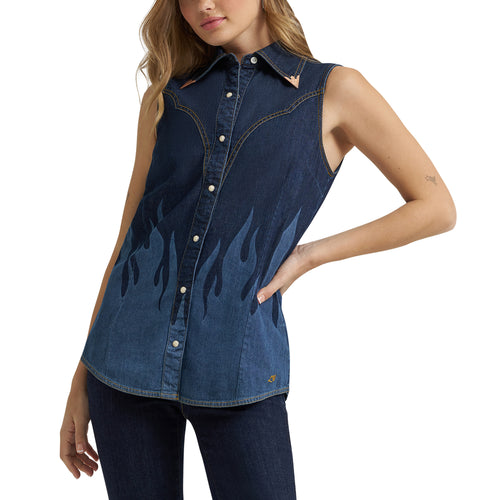 Pard's Western Shop Wrangler Lainey Wilson Collection Denim Flame Sleeveless Western Snap Shirt