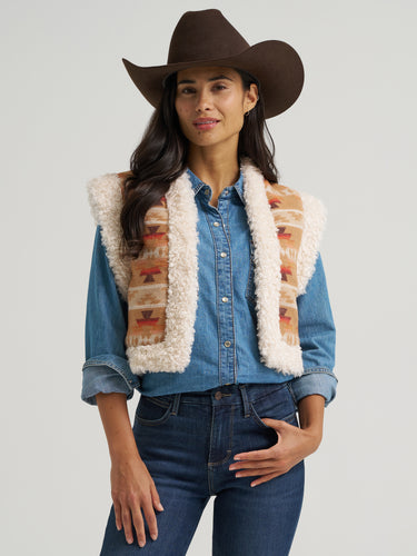 Pard's Western Shop Wrangler Women's Tan Aztec Print Sherpa Lined Jacquard Vest