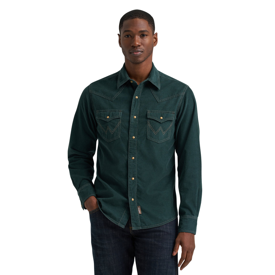 Pard's Western Shop Wrangler Men's Retro Premium Dark Green Corduroy Western Snap Shirt