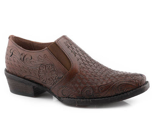Pard's Western Shop Roper Footwear Brown Tooled Snip Toe Slip On Shoe Boot for Women