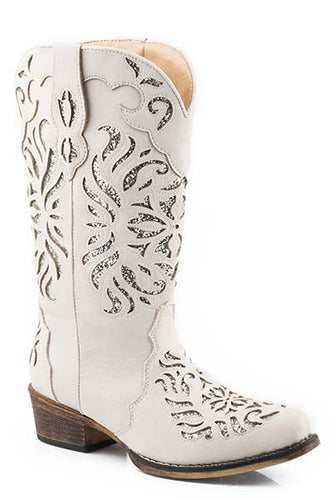 Pard's Western Shop Roper Footwear Ladies Vintage White Snip Toe Western Boots with Glitter Underlay