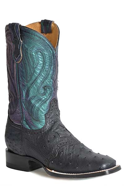 Pard's Western Shop Ladies Roper Footwear Black Ostrich Square Toe Boots with Iridescent Turquoise Tops
