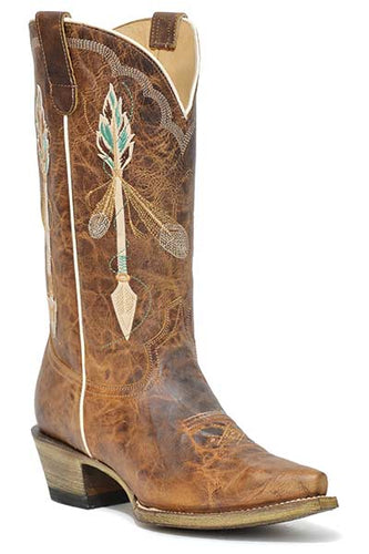 Pard's Western Shop Roper Footwear Ladies Waxy Brown Snip Toe Boots with Arrow/Feather Embroidered Tops