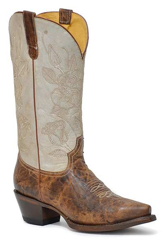 Pard's Western Shop Roper Footwear Women's Waxy Tan Western Boots with Vintage White Embroidered Rose Tops