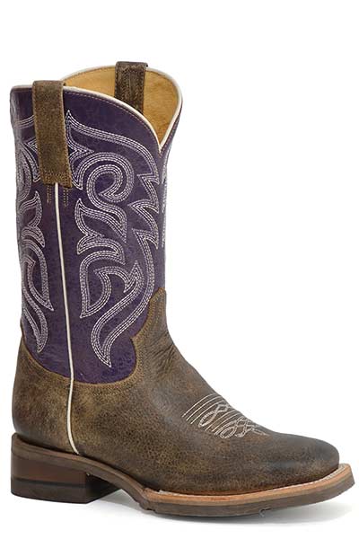 Pard's Western Shop Roper Footwear Ladies Vintage Brown Square Toe Boots with Purple Tops