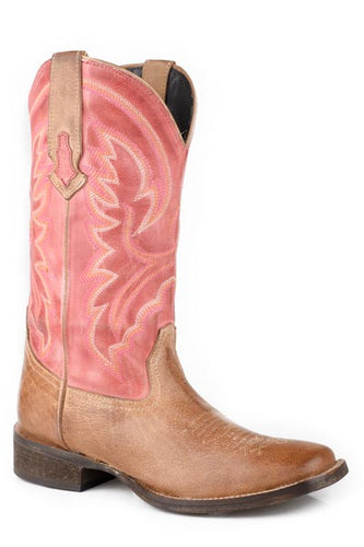 Pard's Western Shop Roper Footwear Women's Tan Burnished Lindsey Broad Square Toe Boots with Red Burnished Tops