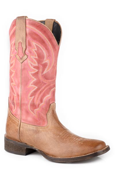 Pard's Western Shop Roper Footwear Women's Tan Lyndsey Broad Square Toe Boots with Pink Tops