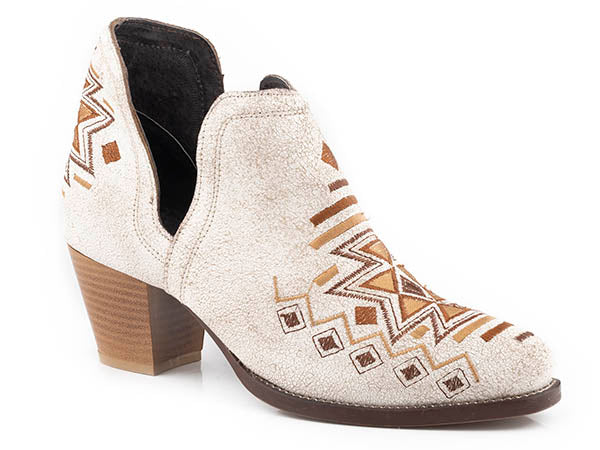 Pard's Western Shop Roper Women's White Vintage Suede Snip Toe Bootie with Tan Aztec Stitching