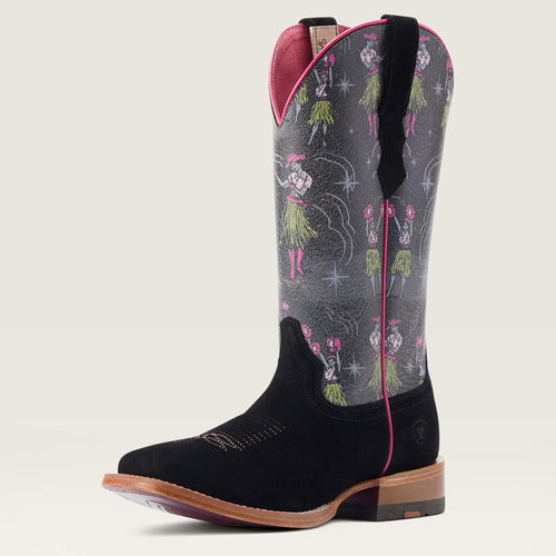 Pard's Western shop Ariat Ladies Black Roughout Frontier Western Square Toe Boots with Fun Aloha Print Tops