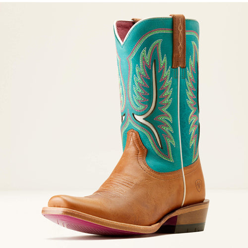 Pard's Western Shop Ariat Women's Tan Pantina Futurity Colt Blunt Toe Western Boots with Cenote Blue Tops