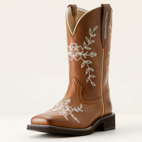 Pard's Western shop Ariat Women's Brown Flora Broad Square Toe Western Boots with Floral Emboidery