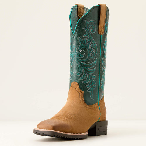 Pard's Western Shop Ariat Women's Acorn Roughout Hybrid Ranch Time Broad Square Toe Western Boots with Deep Teal Tops